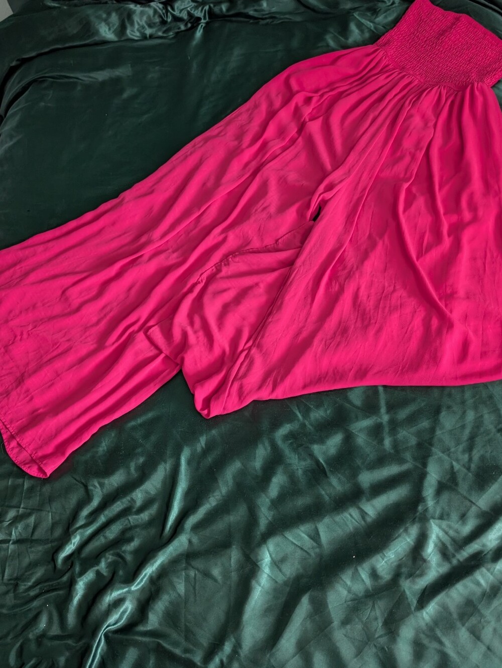 Smocked-Waist Hot Pink Wide-Leg Jumpsuit